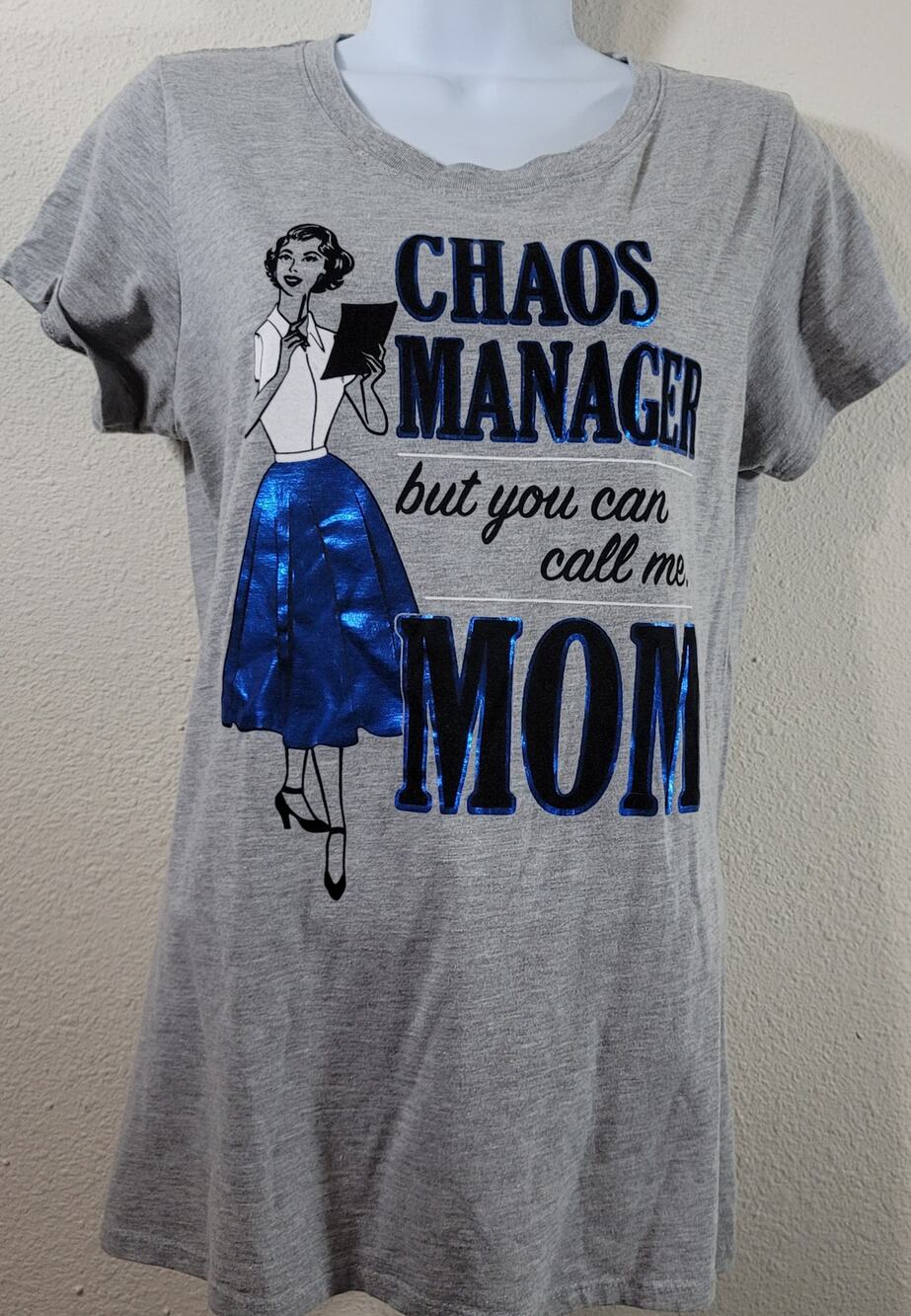 Gray Heathered Black Blue Graphic Print Chaos Manager Just Call Me Mom Top Large